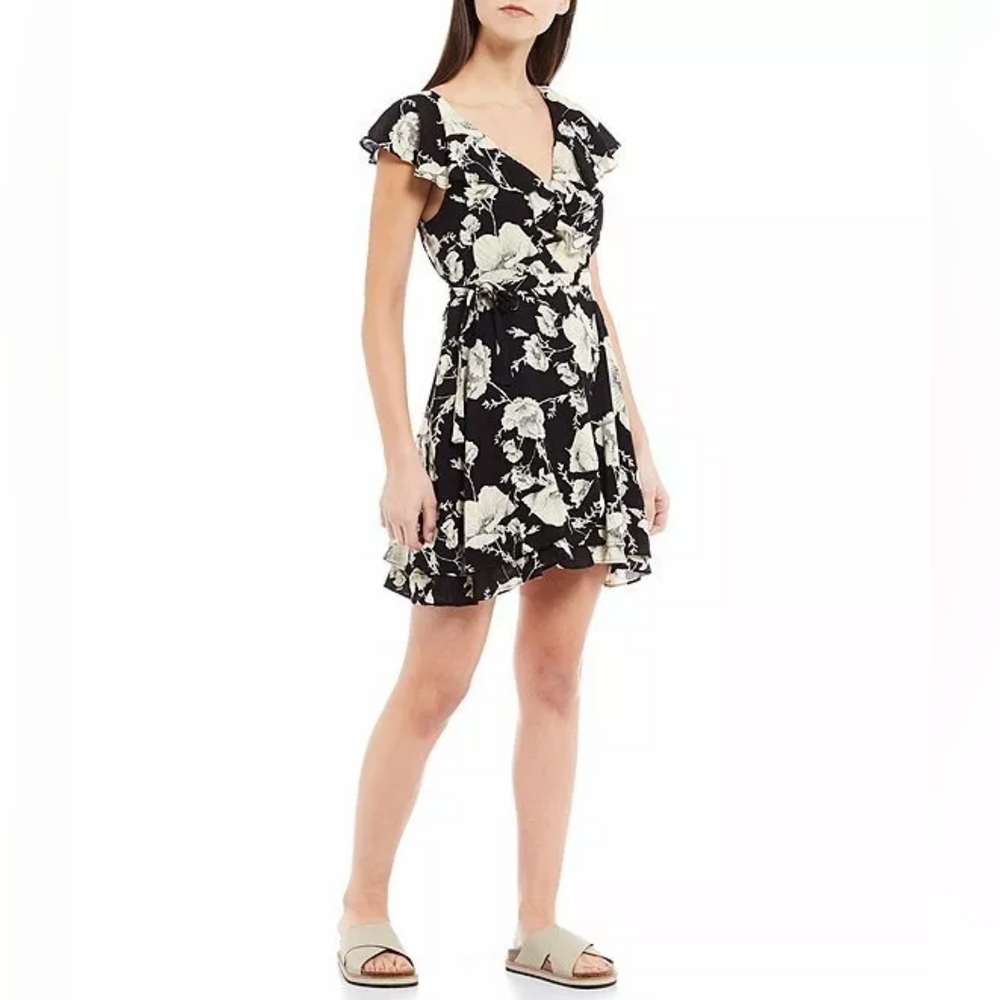 Free People French Quarter Black Ivory Floral‎ Ruffle Wrap Mini Dress